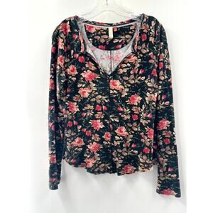Pilcro Women's Multi Floral Cotton Split V-Neck Long Sleeve Blouse Tops Sz Small